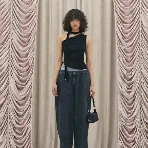 [BUNJANG] 3Times One Shoulder Drape Top / 쓰리타임즈 원숄더 드레이프 탑 나시 반팔