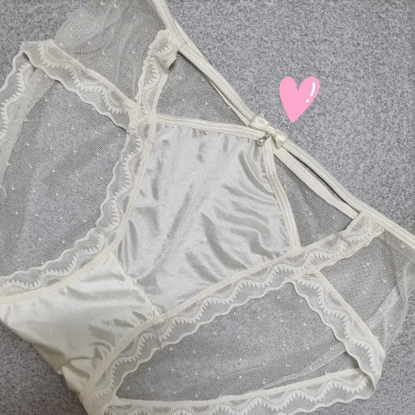 [BUNJANG] Light Yellow Satin Mesh Lace Panties (Used) / 연노랑 새틴 망사 레이스 팬티(중고임)