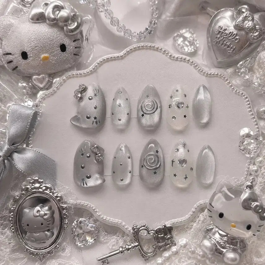 [BUNJANG] Handmade Nail Tips with Silver Kitty Magnet Gel, Cubic Star Art / 실버 키티 자석젤 큐빅 별 아트 수제네일팁