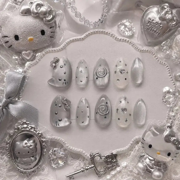 [BUNJANG] Handmade Nail Tips with Silver Kitty Magnet Gel, Cubic Star Art / 실버 키티 자석젤 큐빅 별 아트 수제네일팁