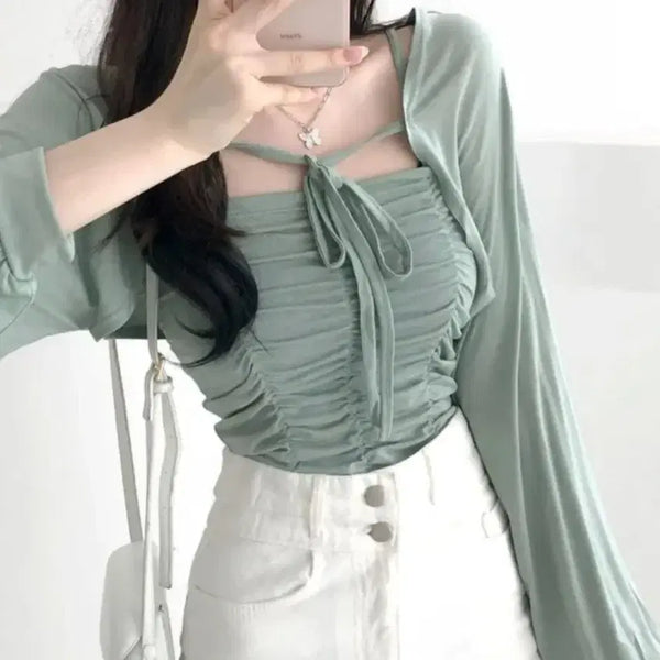 [BUNJANG] Mint Shirring Crop Top Cardigan Set / 민트색 셔링 크롭탑 가디건 세트