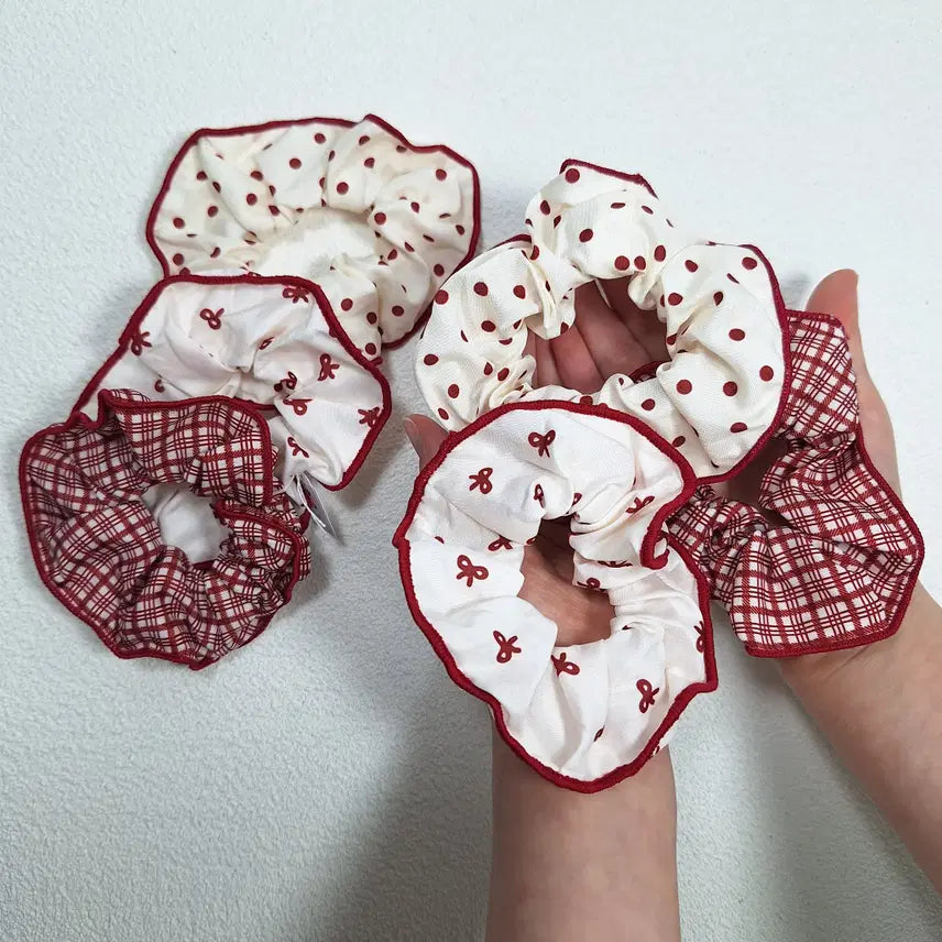 [BUNJANG] Red Checkered Scrunchie Set / 빨강 체크 머리끈 곱창밴드 곱창 끈 세트
