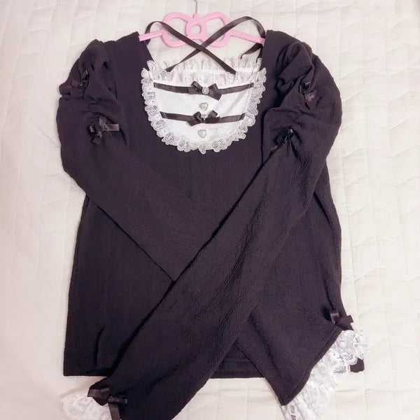 [BUNJANG] Noémie Miss Lolita Ribbon Lace-up Blouse / 노에미 아가씨 백 리본 레이스업 블라우스 니트 양산형 지뢰계 걸리 스나 교판