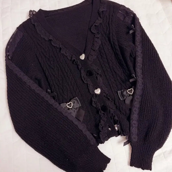 [BUNJANG] Lizlisa Ribbon Lace Black Cardigan / 리즈리사 리본 레이스 블랙 가디건 양산형 지뢰계 니트