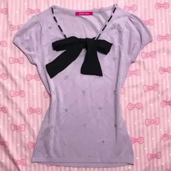 [BUNJANG] Pinky Girls Argyle Pattern Beaded Knit Top / 고전 빈티지 갸루 핑키걸즈 로걀탑아가일니트