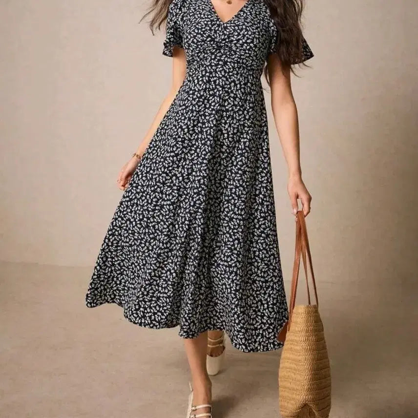 [BUNJANG] Floral Pattern V-Neck Short Sleeve Long Dress / 플로럴 패턴 브이넥 반팔 롱 원피스