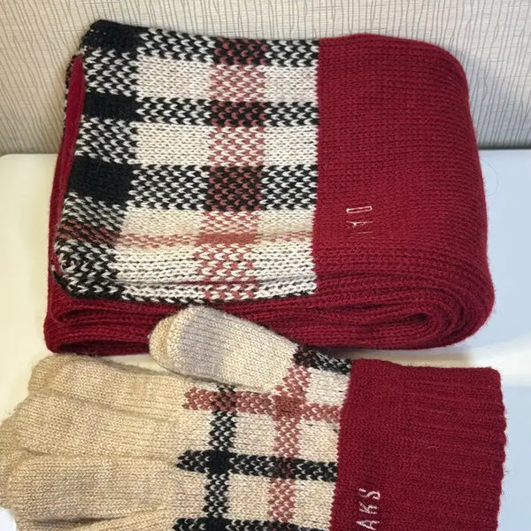 [BUNJANG] Daks Kids House Check Jacquard Knit Scarf and Glove Set / 닥스키즈 하우스 체크 자카드 여아 니트 머플러+장갑 세트 3y