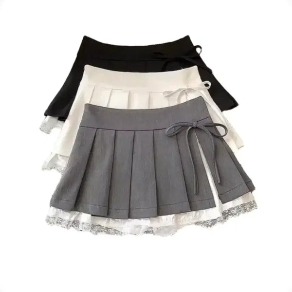 [BUNJANG] Lace Ribbon Pleats Slit Mini Skirt Grey S / 레이스 리본 플리츠 트임 미니 스커트 그레이 S