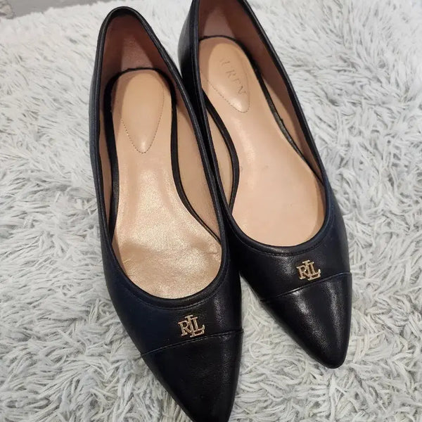 [BUNJANG] Lauren Ralph Lauren RL Logo Black Leather Pointed-Toe Flats US 6B / 로렌 랄프로렌 RL 로고 블랙 가죽 플랫슈즈