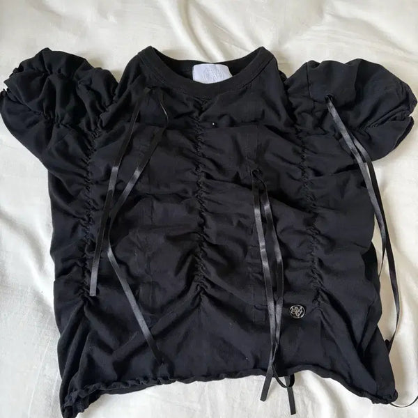 [BUNJANG] Kim My Dear Ribbon Shirring Top / 김미더영 리본 셔링 블랙 탑 RIBBON SHIRRING TOP