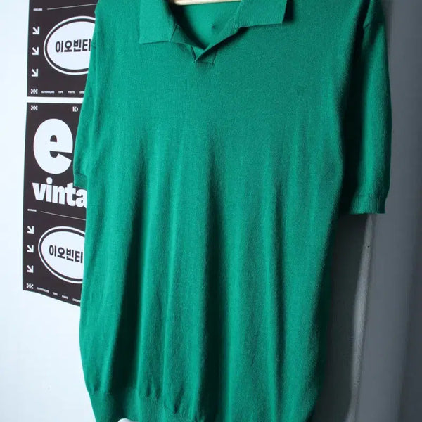 [BUNJANG] Urban Dress Short-Sleeve V-Neck Knit T-Shirt - Green / (M-L) 어반드레스 반팔 카라 티셔츠 브이넥 니트 무지 그린-H35601