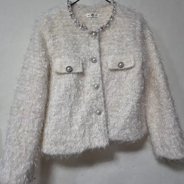 [BUNJANG] Pearl Embellished Fur Jacket - Ivory / 진주 장식 털 자켓 아이보리