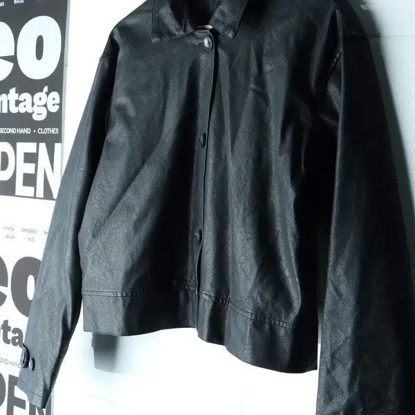 [BUNJANG] W(F) Brand Vintage Zip-up Windbreaker Jacket Vegan Leather Black / W(F) 브랜드빈티지 집업 바람막이 점퍼자켓 비건레더 블랙-H35509