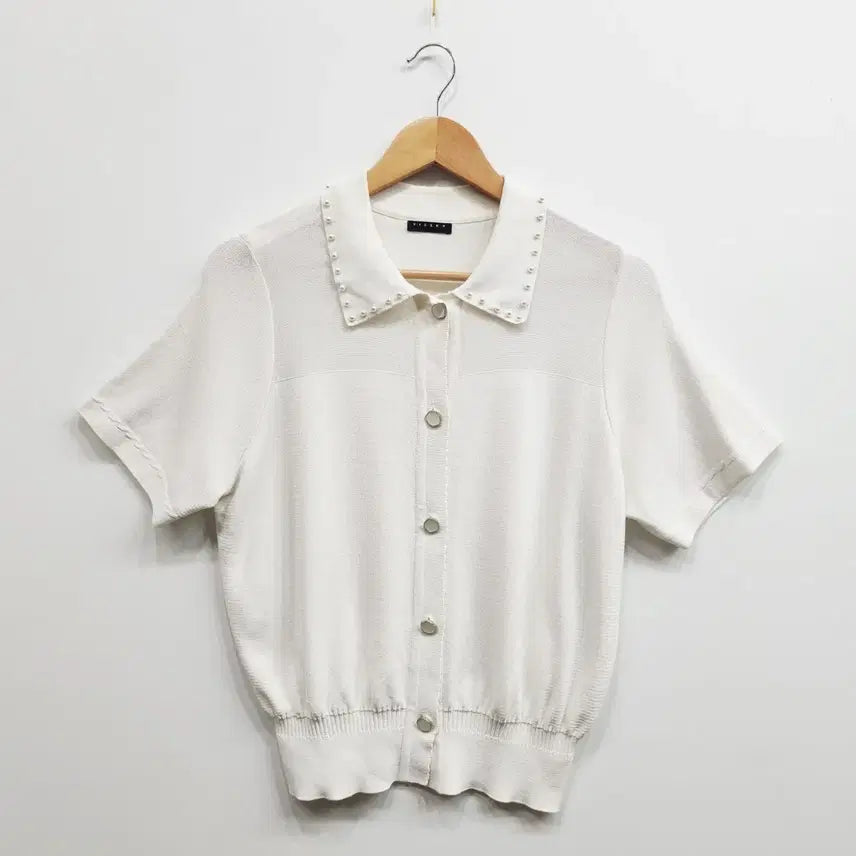 [BUNJANG] SISLEY Women's Pearl Collar Short Sleeve Knit Cardigan Free Size / 시슬리 SISLEY 반팔 가디건 free 반팔 니트 카디건 프리사이즈