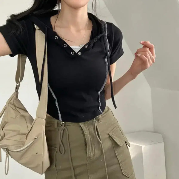 [BUNJANG] A-bly Cropped Stitch Round Hem T-Shirt / 에이블리 크롭 스티치 후드 밑단 라운딩 반팔티셔츠