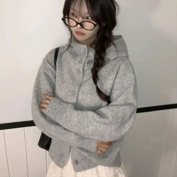 [BUNJANG] A-bly Women's High-Neck Button Hoodie Wool Knit Cardigan / 에이블리옷 루즈핏 하이넥 버튼후드 울 니트 가디건 겨울니트 가디건 후드니트