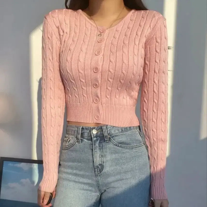 [BUNJANG] Avely Women's Pink Cable Knit Crop Cardigan / 에이블리옷 핑크 꽈배기 크롭 니트 가디건