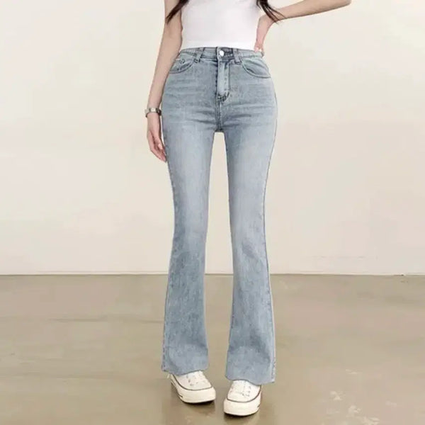 [BUNJANG] High-Waist Banding Bootcut Denim Pants (Light Wash) / 에이블리옷 부츠컷청바지 하이웨스트 밴딩 부츠컷 데님 팬츠 연청