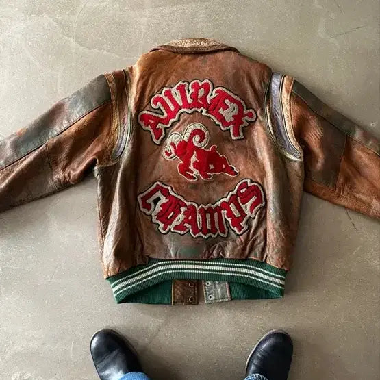 [BUNJANG] Avirex 90s Stone Washed Leather Varsity Jacket / 90s Avirex 아비렉스 스톤워싱 레더 바시티 자켓