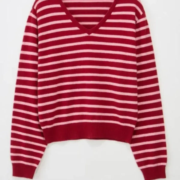 [BUNJANG] Ecris Jennie Stripe V-Neck Knit (Red) / 에크리스 ecris 제니 스트라이프 V넥니트 (레드)