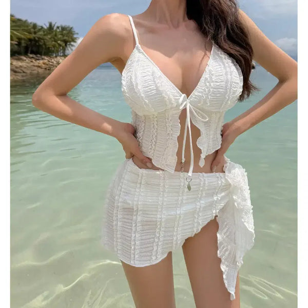 [BUNJANG] Three-Piece Bikini Set with Cover-up (White) / 쓰리피스 비키니 (화이트) 커버업 포함