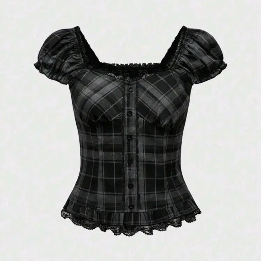 [BUNJANG] ROMWE Plaid Off-Shoulder Frill Blouse / ROMWE 롬위 체크 오프숄더 프릴 블라우스 고스로리 공겜여주 빅사이즈