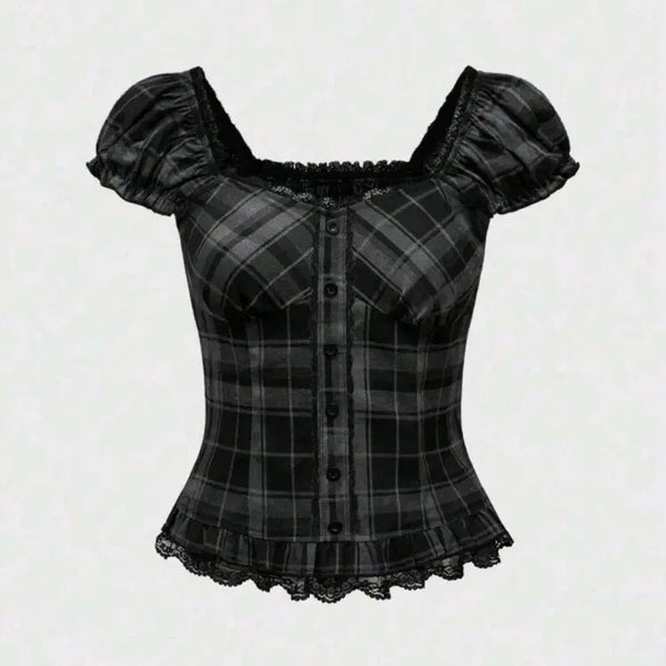 [BUNJANG] ROMWE Plaid Off-Shoulder Frill Blouse / ROMWE 롬위 체크 오프숄더 프릴 블라우스 고스로리 공겜여주 빅사이즈