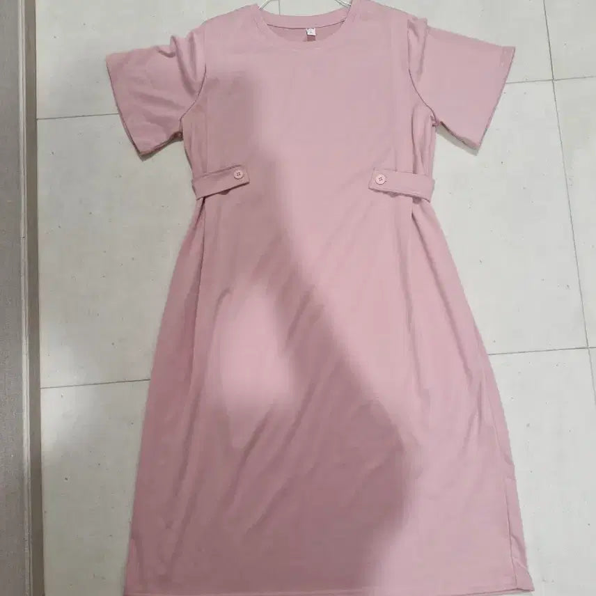 [BUNJANG] Pink Cotton Long Dress with Button Detail / 핑크 데일리 면 롱원피스 허리 단추 포인트