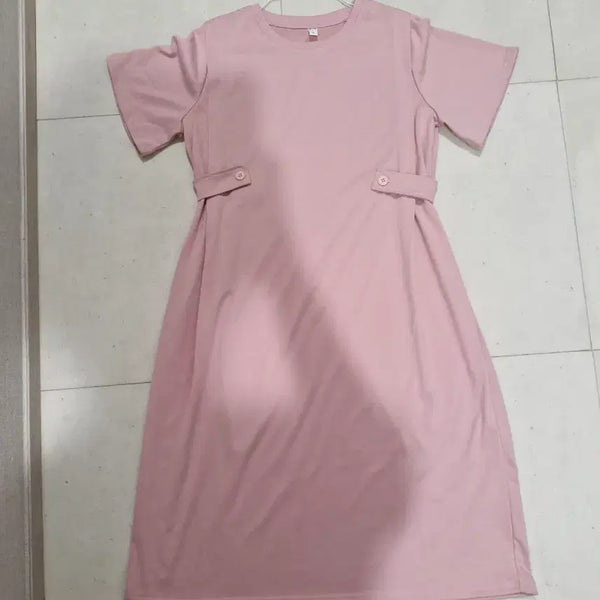[BUNJANG] Pink Cotton Long Dress with Button Detail / 핑크 데일리 면 롱원피스 허리 단추 포인트