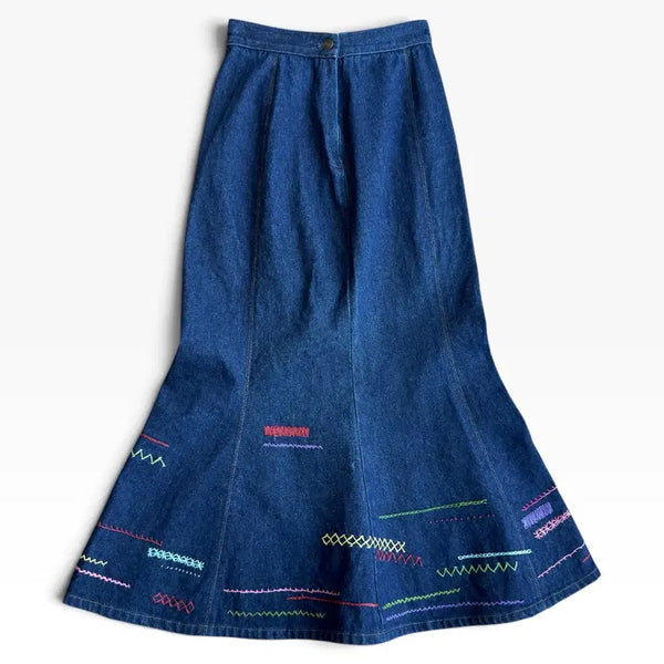 [BUNJANG] Amina Bohemian Embroidered Denim Flare Long Skirt / amina 보헤니안 히피 에스닉 자수 데님 플레어 롱 스커트