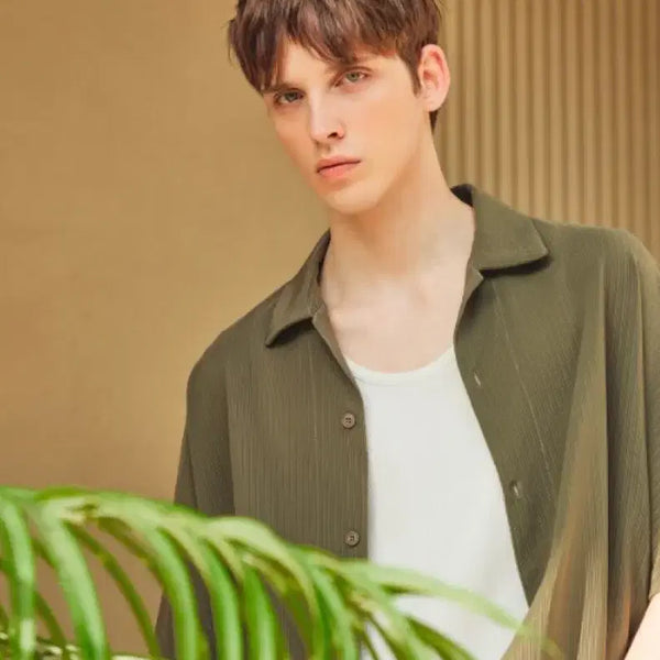 [BUNJANG] TIME HOMME Banding Hem Half Sleeve Shirt KHAKI Size 100 / 타임옴므 밴딩 헴 하프 슬리브 셔츠(23SS)