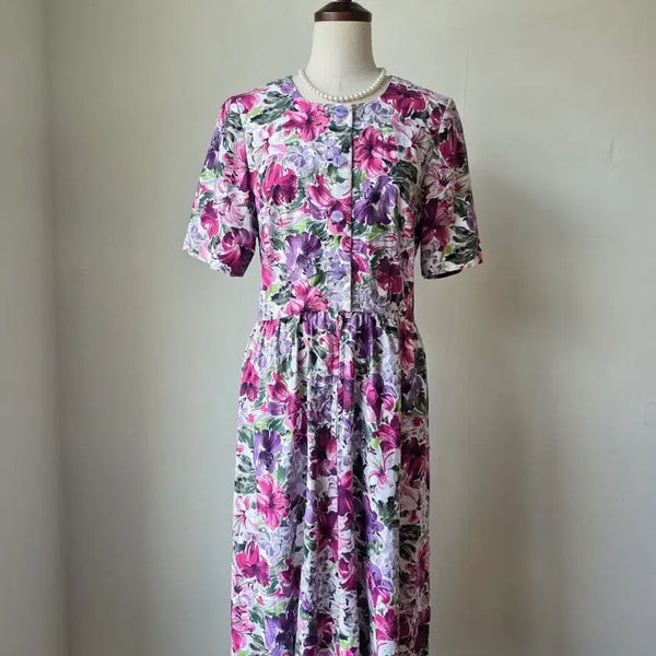[BUNJANG] Purple Flower Short Sleeve Dress / 보라 플라워 반팔 원피스