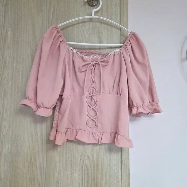[BUNJANG] Strawberry Milk Pink Corset Short Sleeve Blouse / (새상품급)딸기우유빛 코르셋 핑크 반팔 블라우스