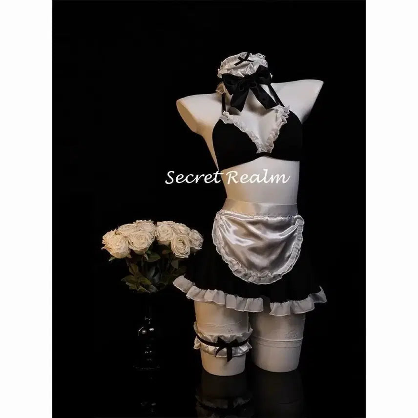 [BUNJANG] Maid Cosplay Bikini Set with Open-Back Stockings / (새상품)코스프레 메이드복 비키니+밑트임 스타킹 세트