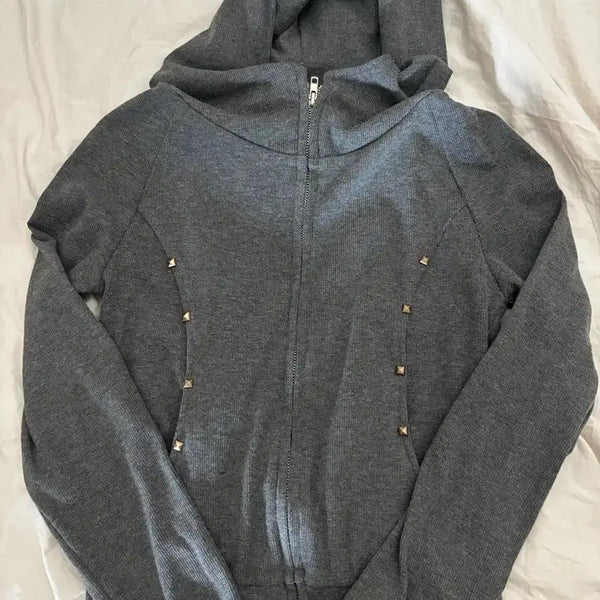 [BUNJANG] SHEIN Semi Crop Beaded Zip-Up Hoodie / 쉬인 세미크롭 비즈 후드집업