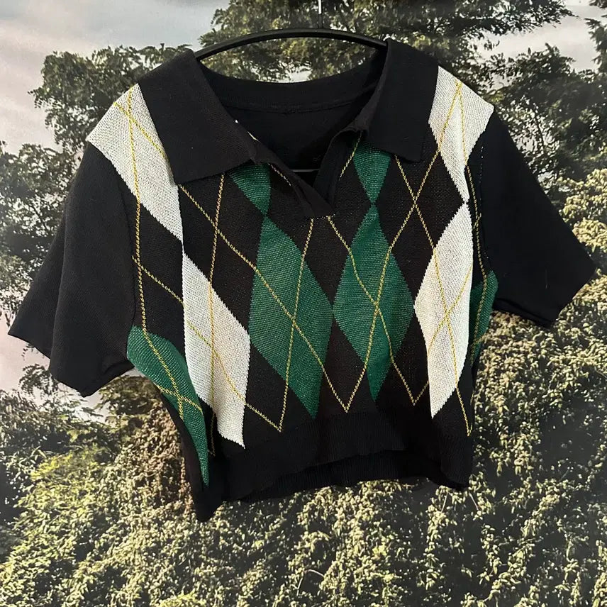 [BUNJANG] Argyle Crop Knit Short Sleeve / 아가일 크롭 니트 반팔