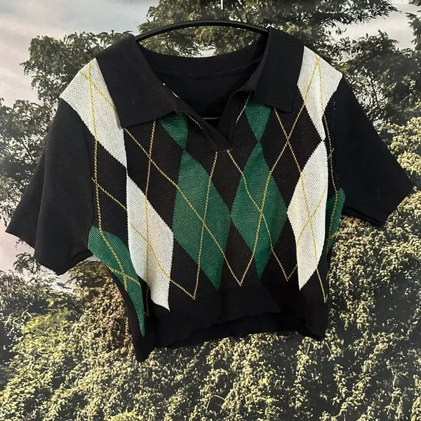 [BUNJANG] Argyle Crop Knit Short Sleeve / 아가일 크롭 니트 반팔