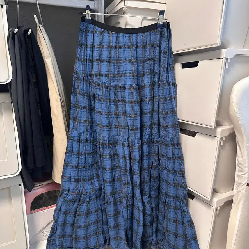 [BUNJANG] Vintage Blue Check Tiered Long Skirt / 빈티지 블루 체크 캉캉 롱스커트