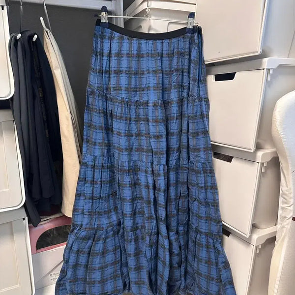 [BUNJANG] Vintage Blue Check Tiered Long Skirt / 빈티지 블루 체크 캉캉 롱스커트