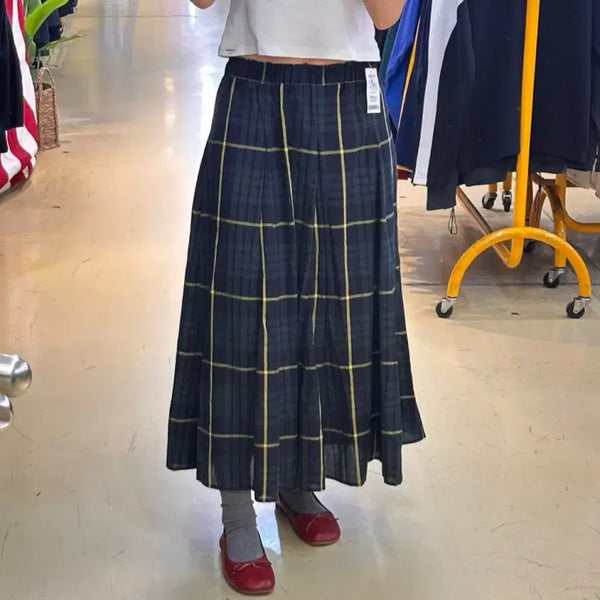 [BUNJANG] Vintage Check Long Skirt Navy Yellow / 빈티지 체크 스커트 네이비 옐로우