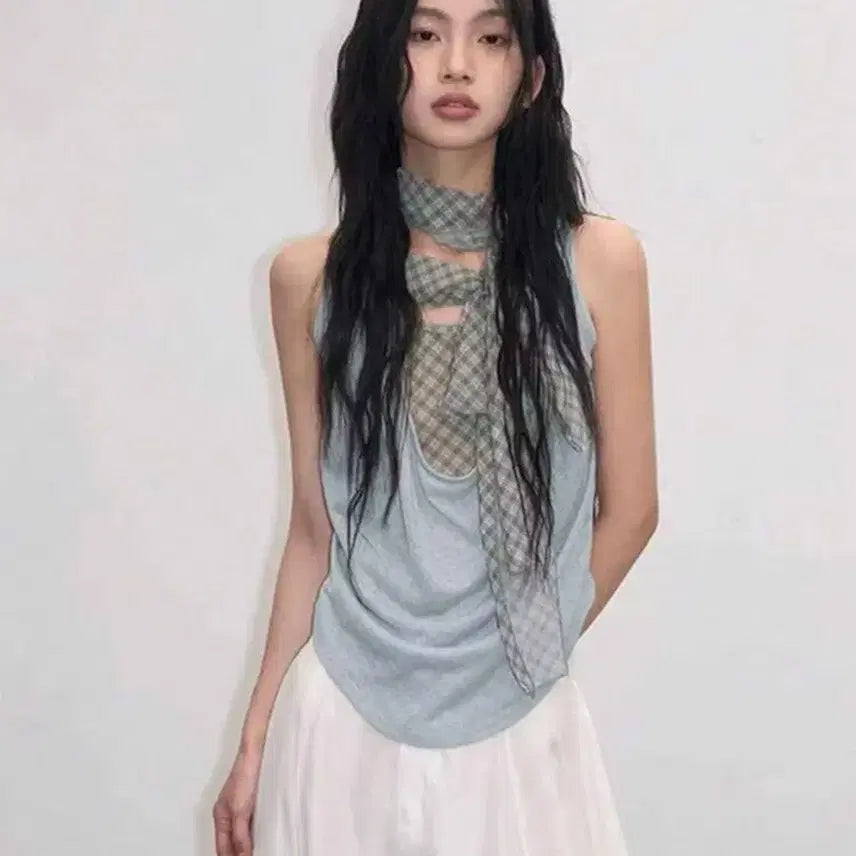 [BUNJANG] Check Scarf Sleeveless Top / 체크 스카프 민소매 탑