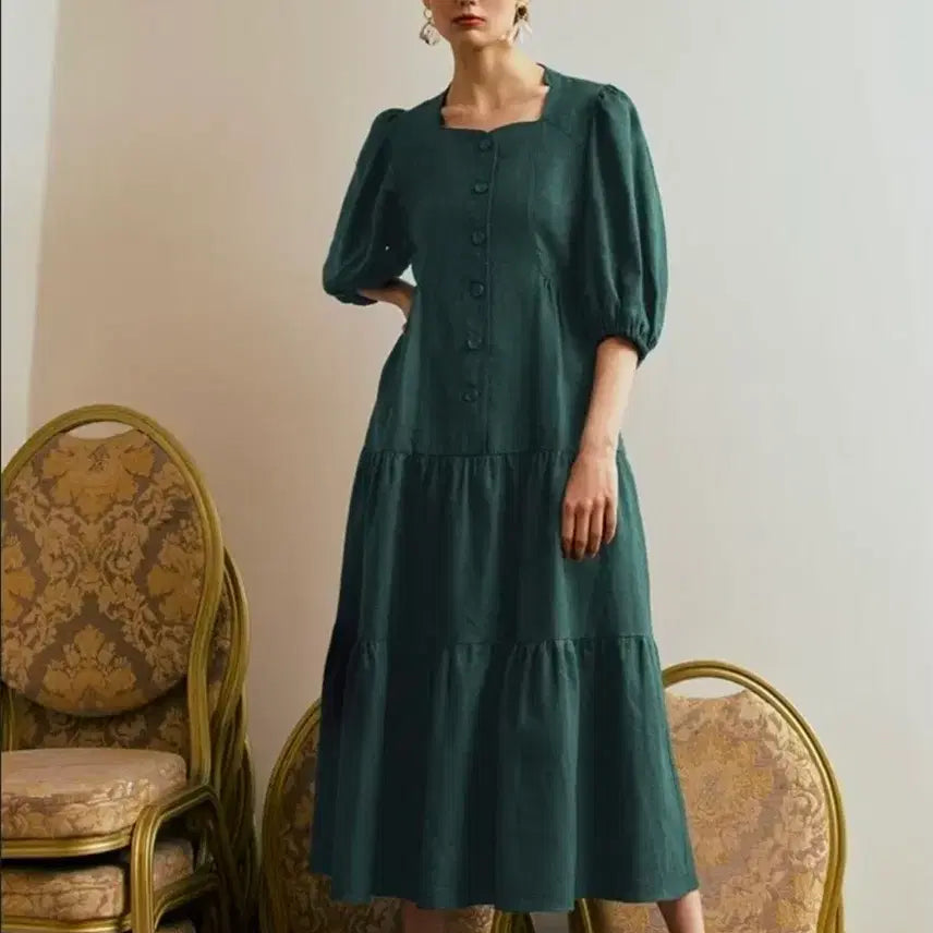 [BUNJANG] Kallagfelt Linen Long Dress Navy Green / 새상품) 칼라거펠트 린넨 롱원피스 네이비 그린