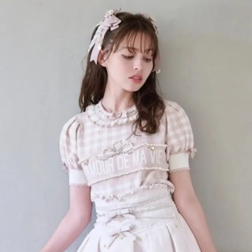 [BUNJANG] LIZ LISA Gingham Pink Jacquard Knit Top / (판매중) 리즈리사 깅엄 핑크 자가드 니트 탑 체크 반팔 양산형 지뢰계 양지뢰