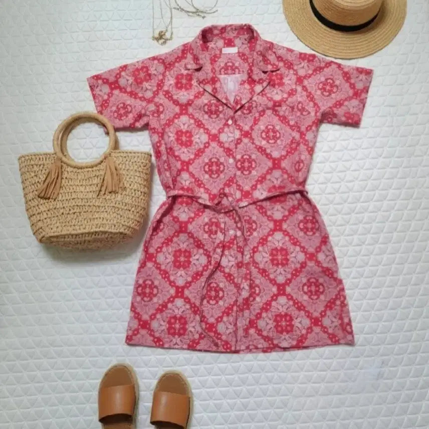 [BUNJANG] Red Patterned Long Shirt Mini Dress (Size 55-66) / 새상품 여성 55~66 셔츠 원피스 롱셔츠 미니원피스 여자 셔츠 새제품