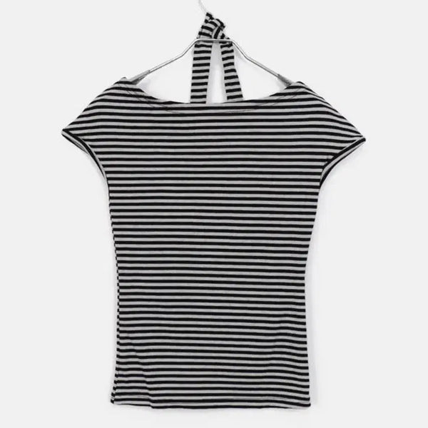 [BUNJANG] Wonder Wonder Slim Fit Stripe Cap Sleeve Off-Shoulder T-Shirt / 원더원더 슬림핏 스트라이프 캡소매 오프숄더 티셔츠