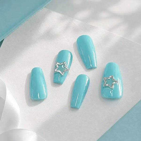 [BUNJANG] Handmade Nail Tips - Cotton Mint with Silver Star Accents / 방학기간할인) 수제 네일팁