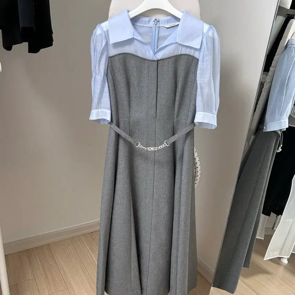 [BUNJANG] Kenneth Lady Belted Blouse Dress Grey Blue / 케네스레이디 벨티드 블라우스 원피스 그레이 블루