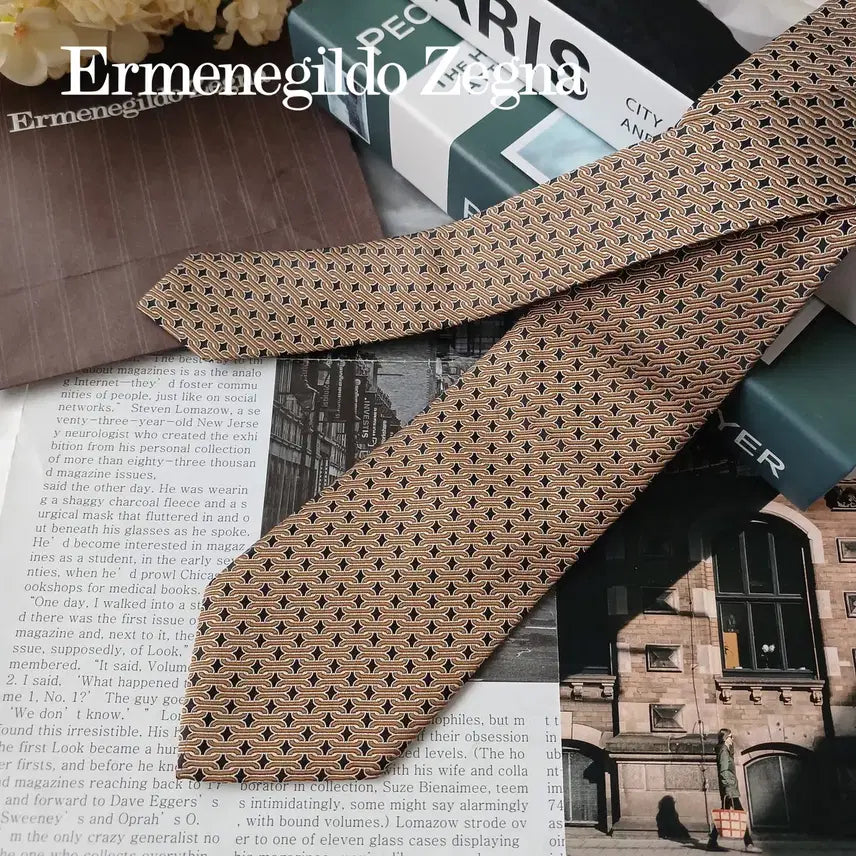[BUNJANG] Ermenegildo Zegna Silk Geometric Pattern Tie 8.8cm / ERMENEGILDO ZEGNA 에르메네질도 제냐 실크 브라운 체인 기하 패턴 넥타이 8.8cm A등급 e1585