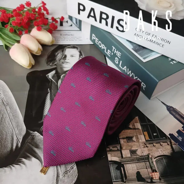 [BUNJANG] DAKS Silk Deep Pink & Teal Logo Pattern Necktie 8.4cm / DAKS 닥스 실크 진한 핑크 로고 패턴 넥타이 8.4cm A+등급 e1621