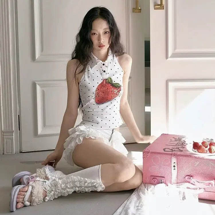 [BUNJANG] NO NUTS Dot Strawberry Print Halterneck Backless Tank Top / NO NUTS 노넛츠 도트 딸기 프린트 홀터넥 백리스 탱크탑